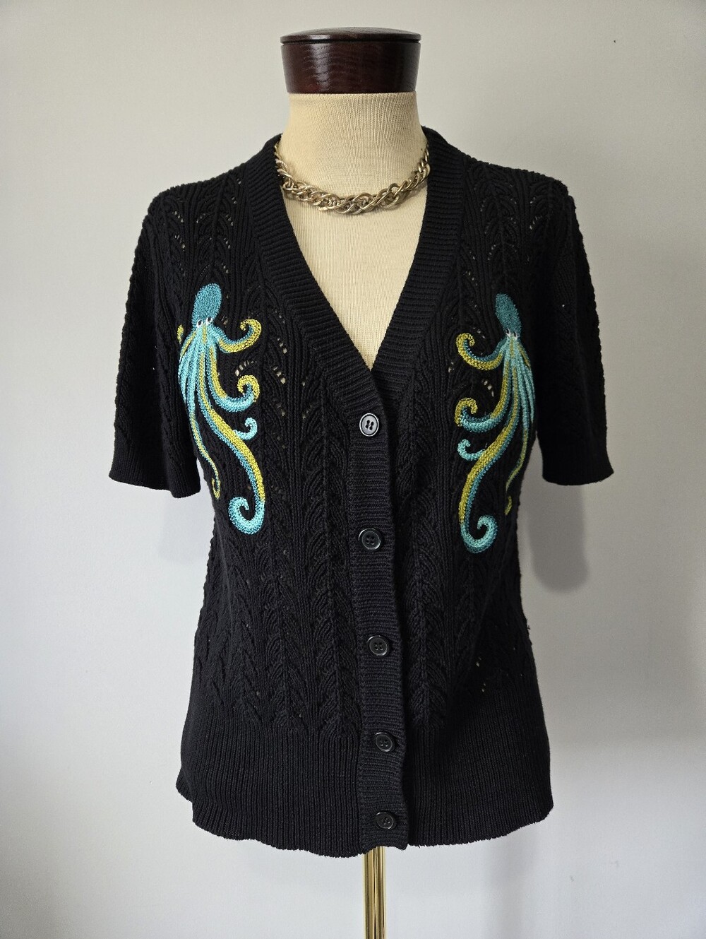 Oxknit NWT Black Short-Sleeve Cardigan Sweater with Embroidered Octopus. Size L